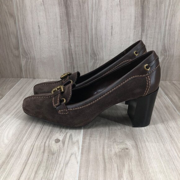 Franco Sarto Heeled Loafers Womens 8.5M Brown Suede Slip On Shoes - Picture 2 of 11